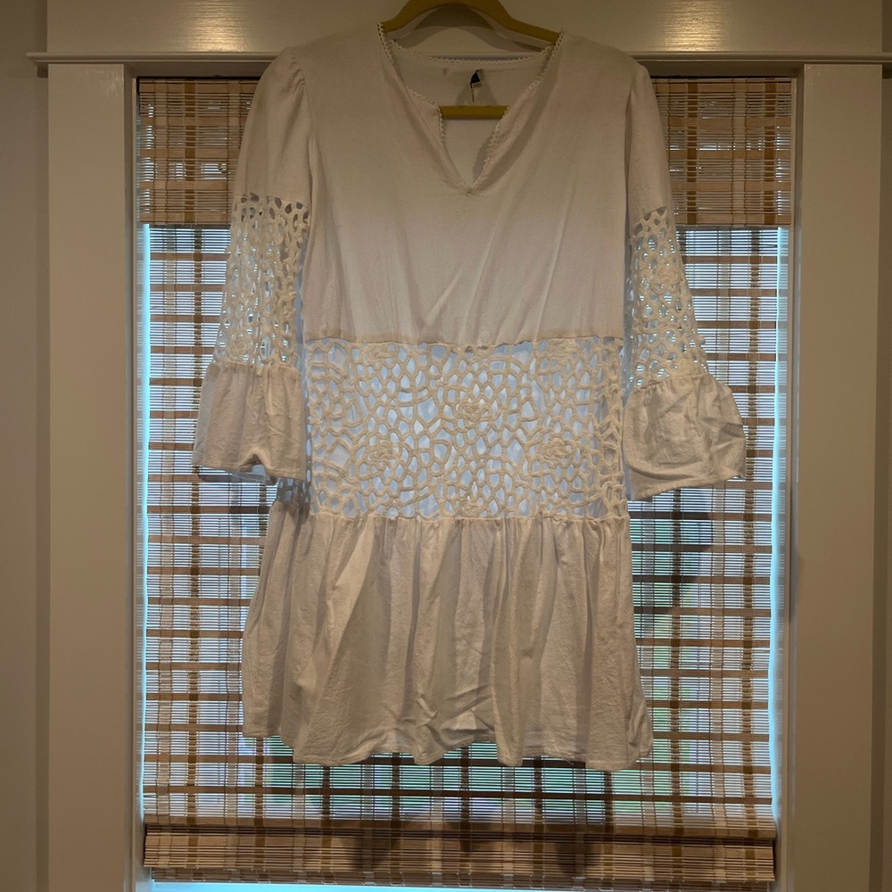 Tyler Boe White Mini Dress with V-Neckline and Lace Details